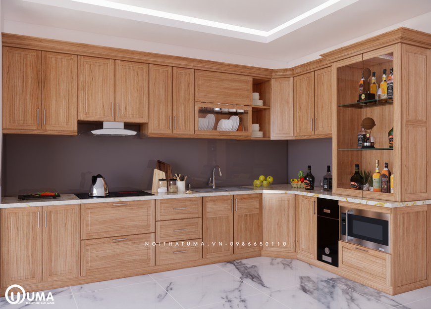 Tủ bếp gỗ Sồi Mỹ – USM 14 có thiết kế hiện đại thích hợp với nhiều không gian bếp khác nhau