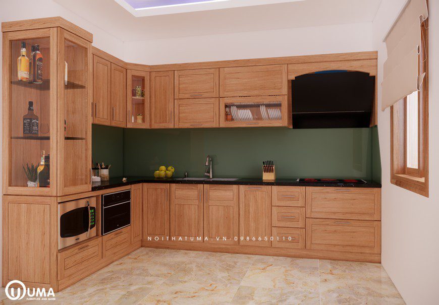 Không gian phòng bếp trở nên ấm cúng, sang trọng hơn nhờ thiết kế tủ bếp gỗ Sồi Mỹ – USM 16