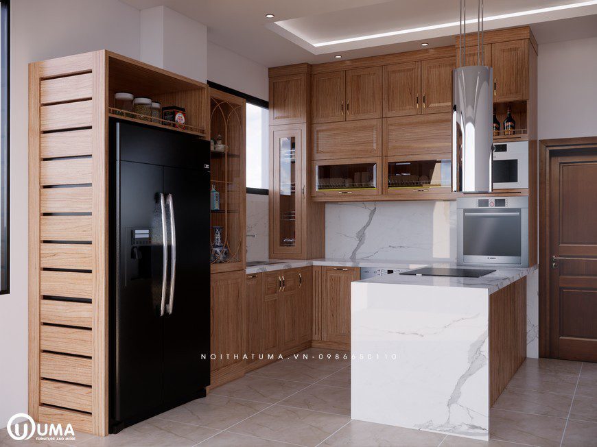 Thiết kế tủ bếp gỗ USM 24 làm bằng gỗ tự nhiên cao cấp thân thiện với môi trường tạo nên sự ấm cúng cho căn phòng