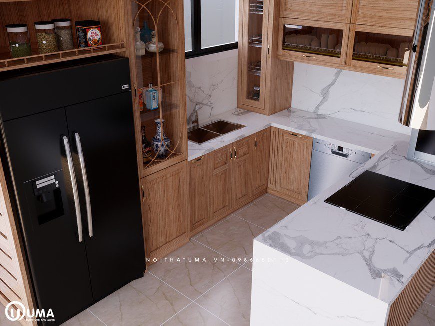mẫu tủ bếp gỗ Sồi Mỹ – USM 24 có sự cách điệu giúp cho không gian bếp trở nên tinh tế đạt tính thẩm mỹ cao