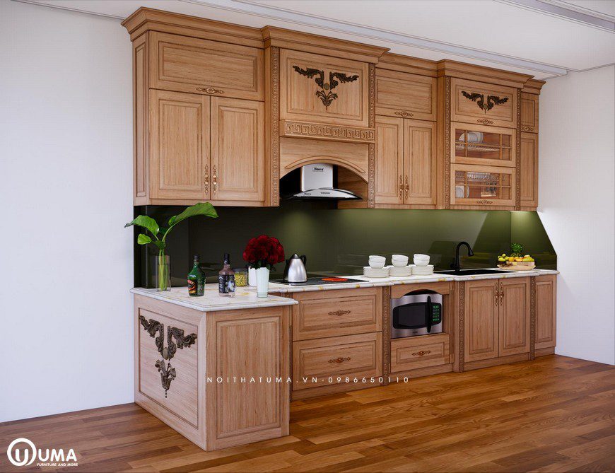 Tủ bếp gỗ Sồi Mỹ – USM 25 chữ L thiết kế phong cách tân cổ điển được đánh giá là mẫu tủ bếp đẹp tạo sức hút và cái nhìn ấn tượng với người dùng