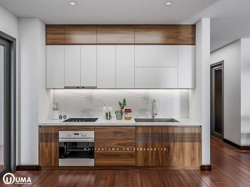 Tủ bếp Acrylic - UAC 32 có thiết kế hình chữ I có thêm ván sàn vừa tiết kiệm diện tích vừa phù hợp sử dụng cho nhiều không gian bếp.