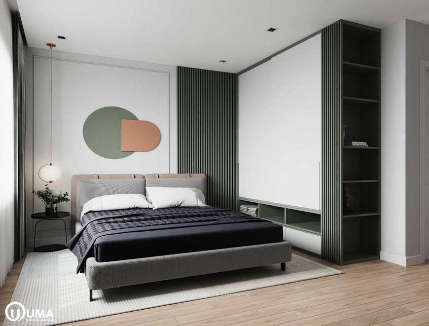 Phòng ngủ được thiết kế với tông màu củ đạo là màu xanh than
