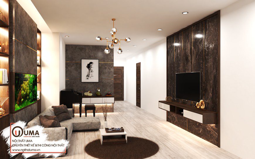 Thiết kế nội thất gỗ Óc chó căn hộ chị Trang