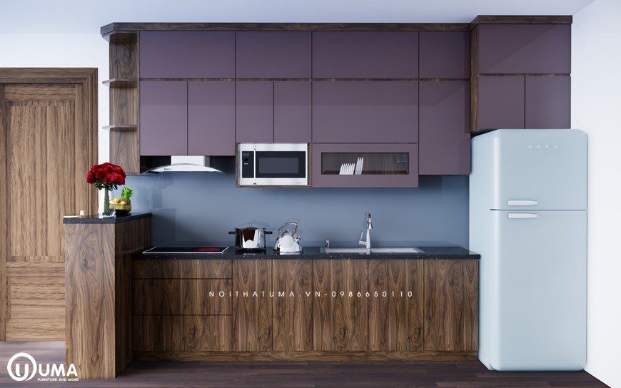 Mẫu tủ bếp nhựa Picomat – UPC 08 có kiểu dáng chữ L với tông màu sắc ấn tượng tạo sức hút và ấn tượng cho không gian bếp
