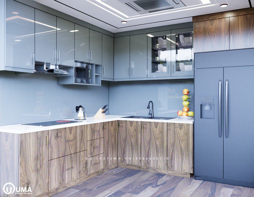 Màu sắc tủ bếp nhựa Picomat – UPC 11 ấn tượng với bề mặt tủ bếp dưới hoàn toàn là vân gỗ trông khá tự nhiên