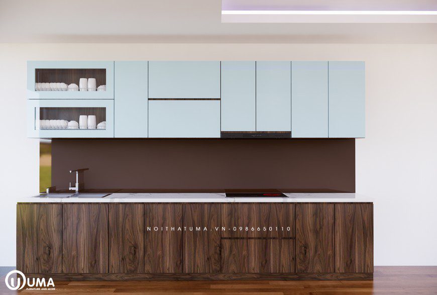 Trải nghiệm mẫu tủ bếp Melamine – UML 04 có bề mặt laminate vân gỗ màu nâu chocolate kết hợp cánh tủ bếp trên màu trắng sáng bóng