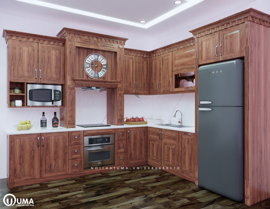 Gia chủ tuổi Tân Mùi nên chọn tủ bếp Acrylic màu đỏ hay tủ bếp gỗ Xoan Đào