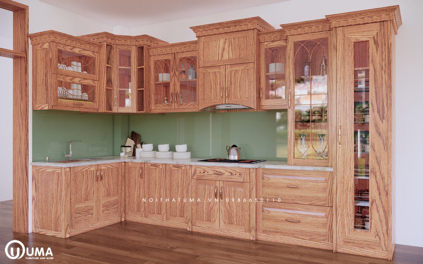 Mẫu tủ bếp gỗ Sồi Mỹ – USM 09 có kiểu dáng chữ L thiết kế theo phong cách tân cổ điển sang trọng, lịch lãm