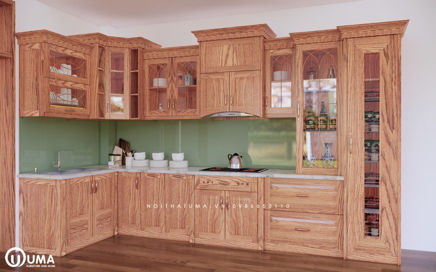 Bề mặt tủ bếp gỗ Sồi Mỹ – USM 09 có các đường vân gỗ tự nhiên tông vàng nhạt tạo nên sự hài hòa, tinh tế