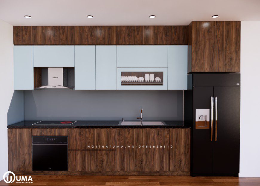 Mẫu tủ bếp Acrylic chữ I vân gỗ của UMA thiết kế cho chung cư 