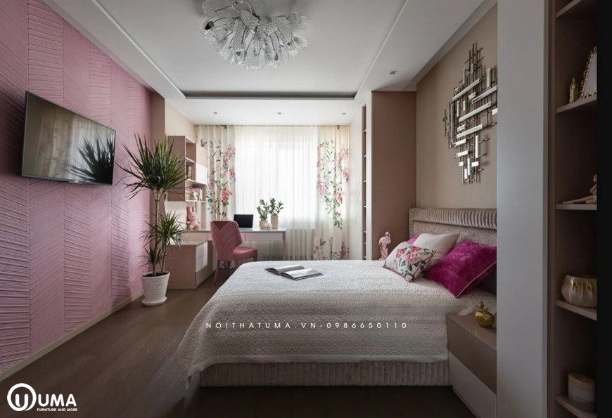 Phòng ngủ của bé gái với tông màu hồng làm màu chủ đạo, thể hiện sự nhẹ nhàng, cá tính riêng của con nhỏ.