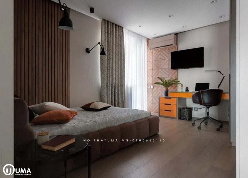 Phòng ngủ với màu sắc không gian nội thất vẫn giữa màu nâu