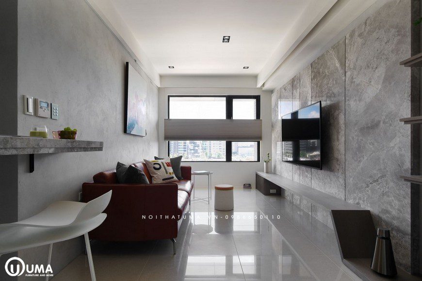 Nội thất phòng khách được thiết kế theo hướng hiện đại, tối giản