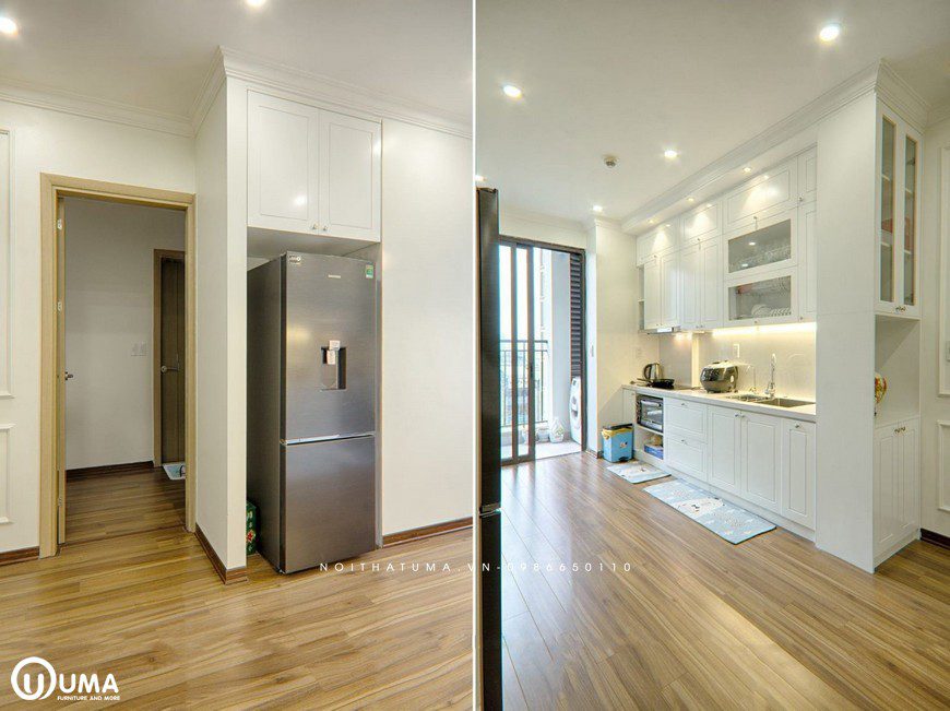 Phòng bếp vẫn lựa chọn với tông màu trắng chủ đạo, kết hợp phong cách thiết kế hoàng gia