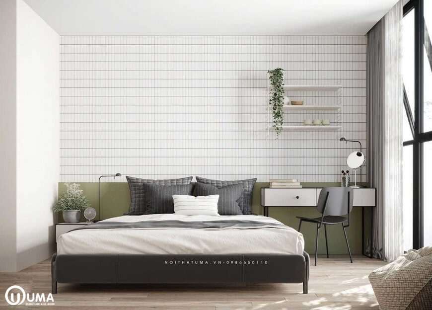 Bước đến phòng ngủ, được bao chùm cả một không gian ấm cúng và thoải mái. Với chiếc giường thiết kế phong cách hiện đại, đặt giữa phòng cùng các phụ kiện chăn ga đệm màu nâu kết hợp màu trắng tạo ra sự sang trọng.