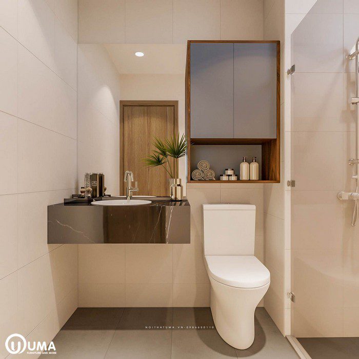 Phòng vệ sinh được bố trí ngay trong khu phòng ngủ, tạo ra sự riêng biệt. Với lối thiết kế hiện đại, và tiện ích