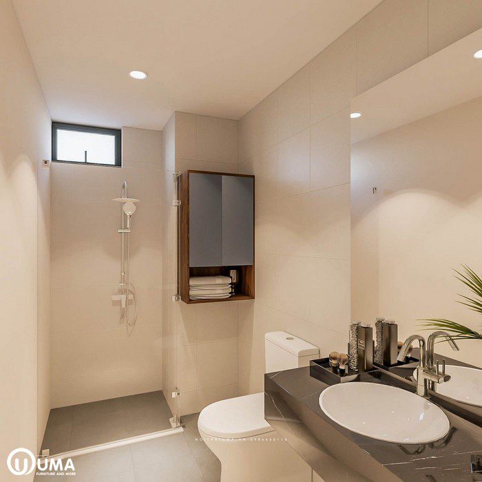 Không gian phòng vệ sinh trong phòng ngủ được thiết kế cung khá tiện ích và đầy đủ, sử dụng thiết bị thông minh.