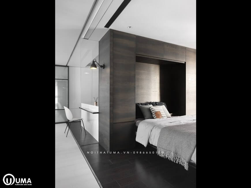 Phòng ngủ vẫn nhấn mạnh với tông màu trắng và đen để tạo ra sự đồng nhất cho không gian thiết kế