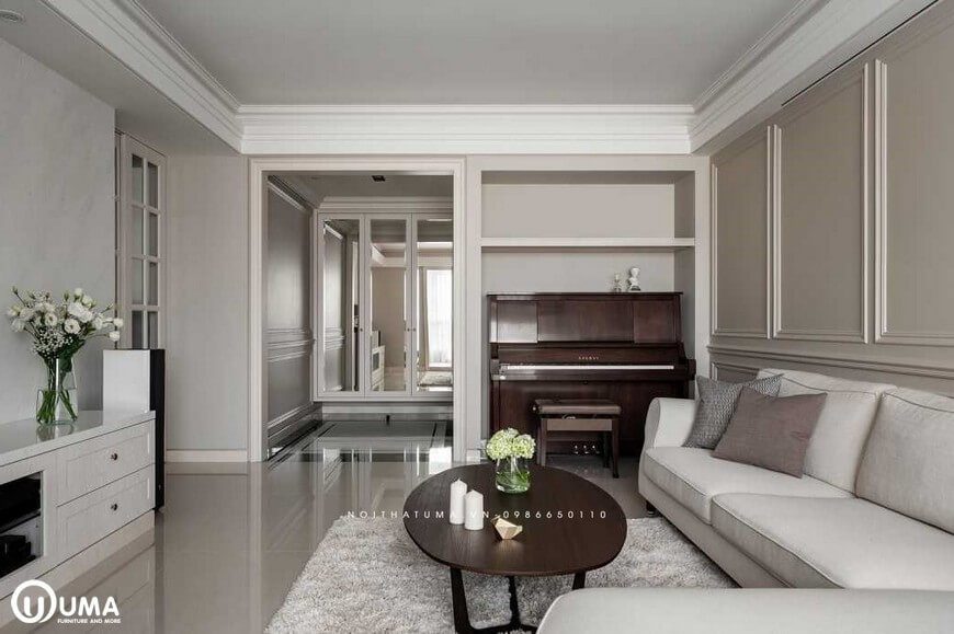 Với nối thiết kế nội thất thất tân cổ điển sử dụng tông màu trắng, mang lại sự sang trọng, lịch lãm trong căn phòng.