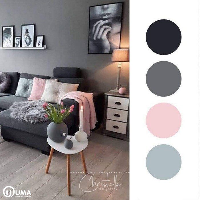 Căn phòng được lựa chọn với màu nâu xám có thêm màu hồng làm điểm nhấn cho không gian.
