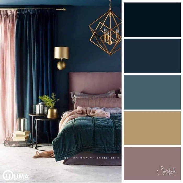 Màu xanh than hòa quyện với màu hồng mang lại sự khác biệt cho không phòng ngủ.