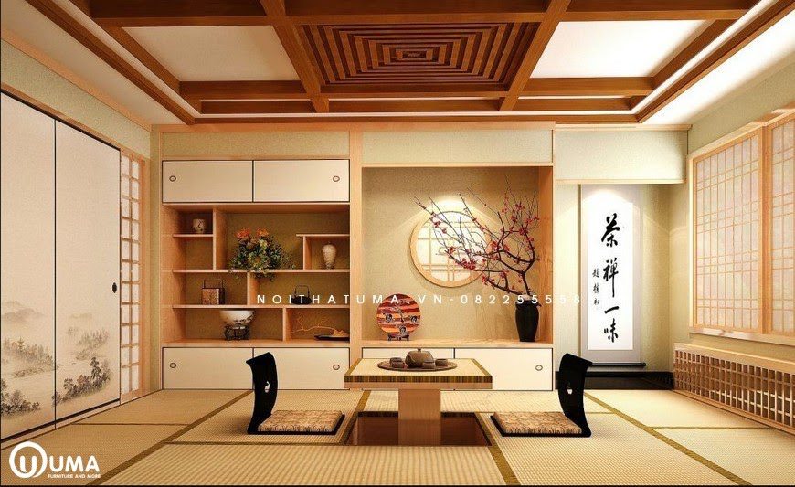 Không gian phòng khách được thiết kế với phong cách Nhật Bản