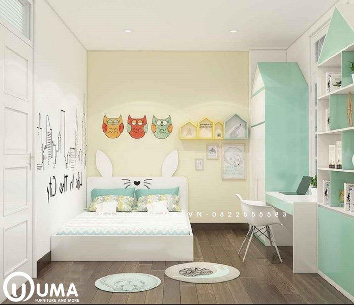 Phòng ngủ được thiết kế trẻ nhỏ, được trang trí với những hình ảnh dễ thương từ các con vật.