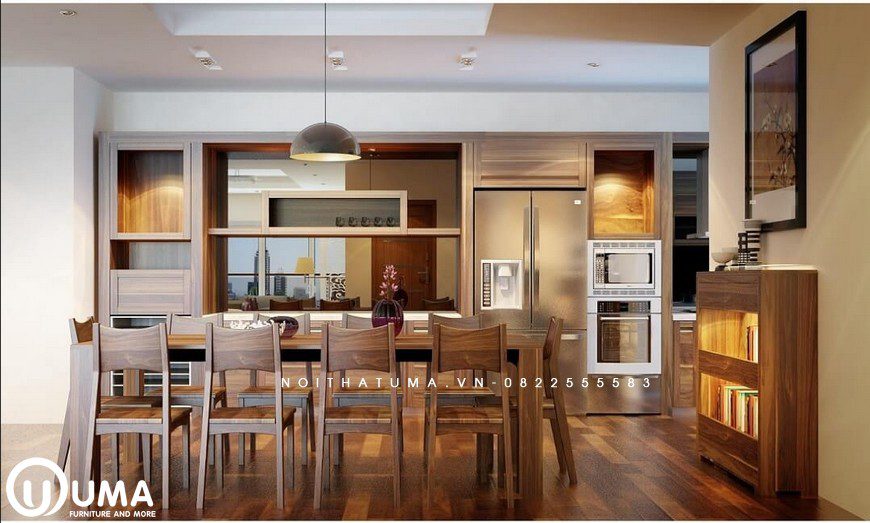 Phòng ăn và khu vực phòng bếp được thiết kế khá ấn tượng, sử dụng nội thất bằng gỗ tự nhiên cao cấp.