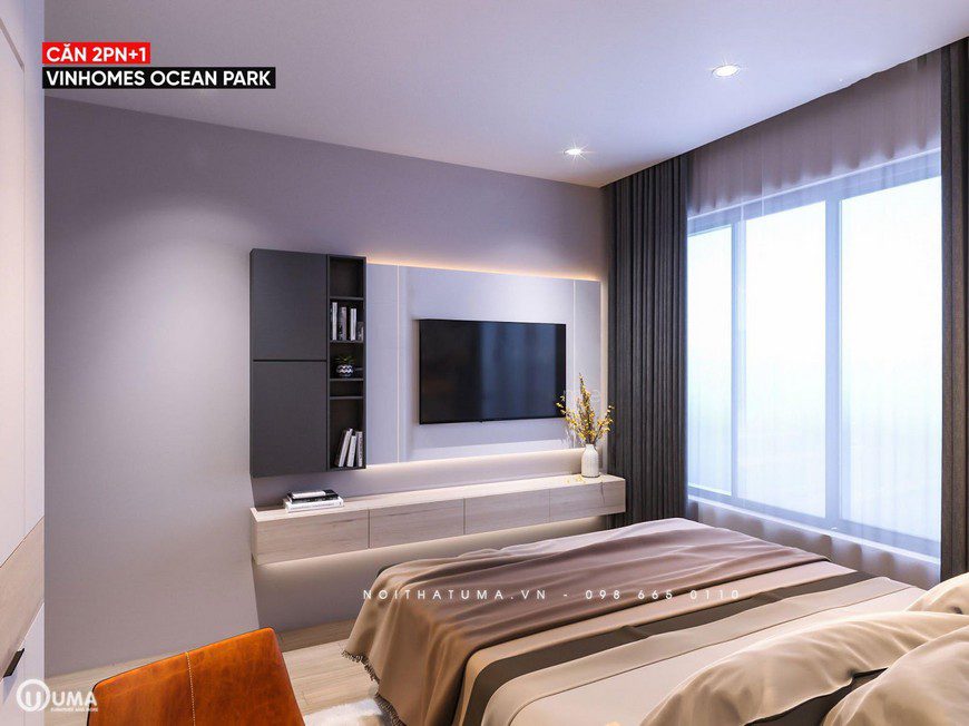 Phòng ngủ lớn được thiết kế đầy đủ cả kệ tivi theo lối hiện đại và thông minh.