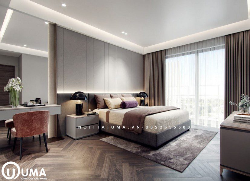 Chiếc giường hộp được lựa chọn khá đơn giản và nhẹ nhàng đặt trên chiếc thảm màu nâu làm điểm nhấn trọng tâm cho không gian.