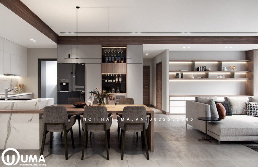Không gian bàn ăn được thiết kế ngay bên phòng bếp, tạo ra sự tiện ích và sang trọng nơi đây.