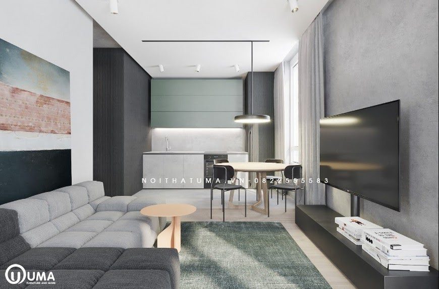 Không gian phòng khách được thiết kế với bố sofa nằm trên chiếc thảm màu xanh xám, đối diện là kệ tivi được trang bị khá hiện đại.