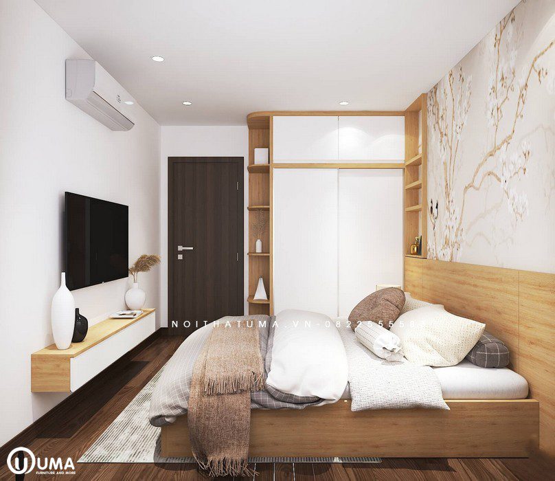 Vào phòng ngủ được thiết kế theo phong cách hiện đại, với giường hộp, tủ để đồ lắp sát vào tường.