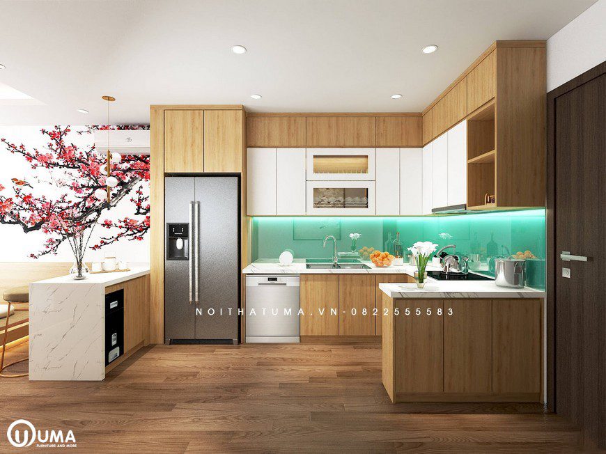 Không gian phòng bếp được thiết kế cũng khá rộng rãi, với kính bếp màu xanh nước biển, khá bắt mắt và tươi sáng làm điểm nhấn cho không gian.