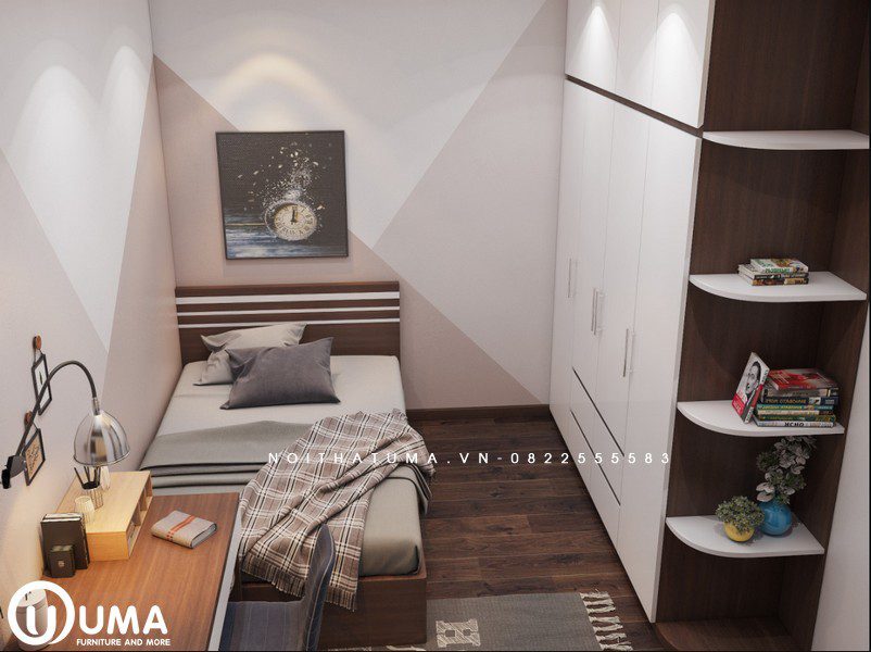 Tổng thể từ trên nhìn xuống không gian phòng ngủ nhỏ khá đầy đủ nội thất cần thiết cho chủ nhân sở hữu căn phòng.