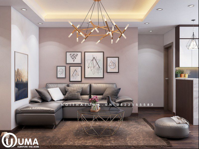 Bộ sofa da bóng màu xám được lựa chọn với hình chữ L đặt góc nhà, là điểm nhấn ấn tượng cho không gian này.