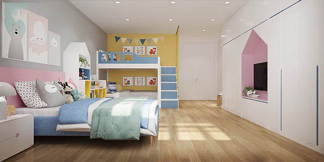 The children's bedroom is built on gray background tones combined with basic and eye-catching furniture 