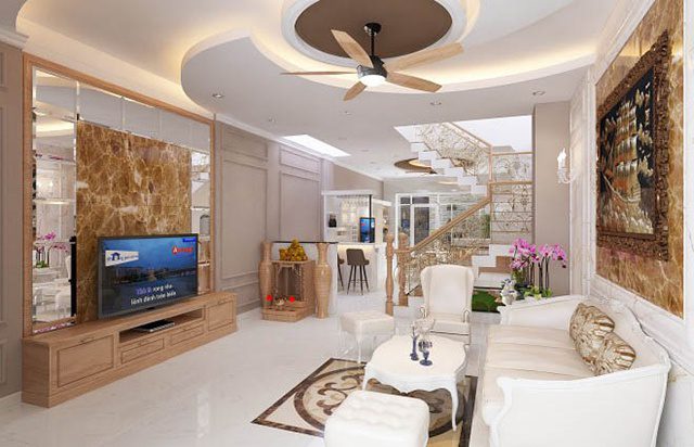 Mẫu thiết kế nội thất nhà phố 5m x 20m mang phong cách tân cổ điển nhà chị Thu - Phòng khách 
