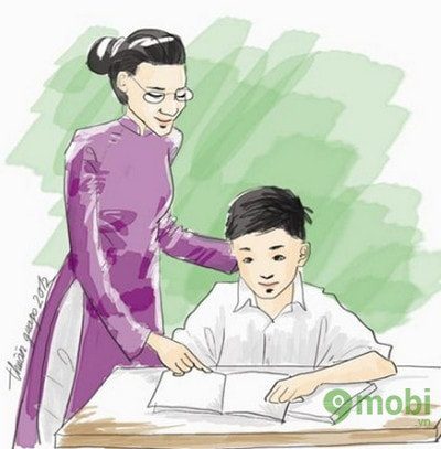 Hãy nhìn vào bức tranh vẽ cô giáo đang mặc áo dài, trong trang phục truyền thống Việt Nam. Đây là một bức tranh tuyệt đẹp, tôn vinh nét đẹp của người phụ nữ Việt Nam. Bạn sẽ cảm nhận được tình cảm và nghĩa trang đại cao của giáo viên trong bức tranh này.